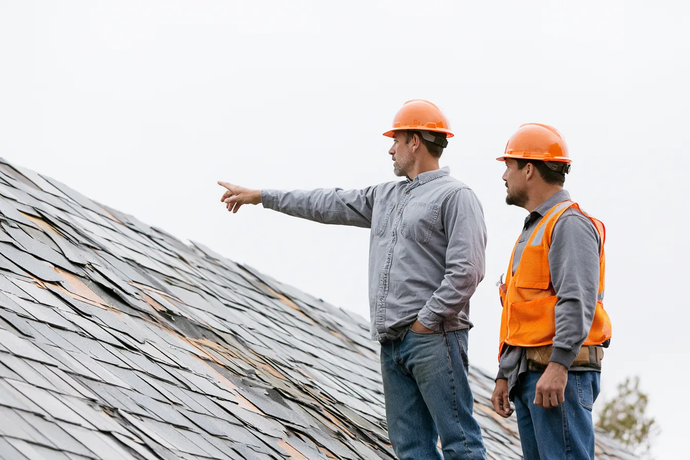 Two roofers in hard hats inspect a damaged shingle roof under an overcast sky