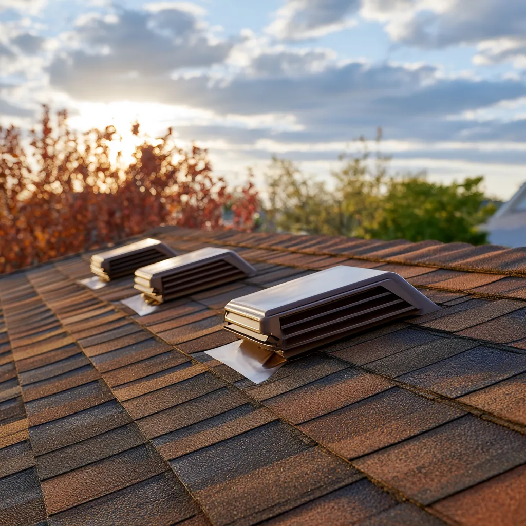 Row of low-profile box vents on an asphalt shingle slope