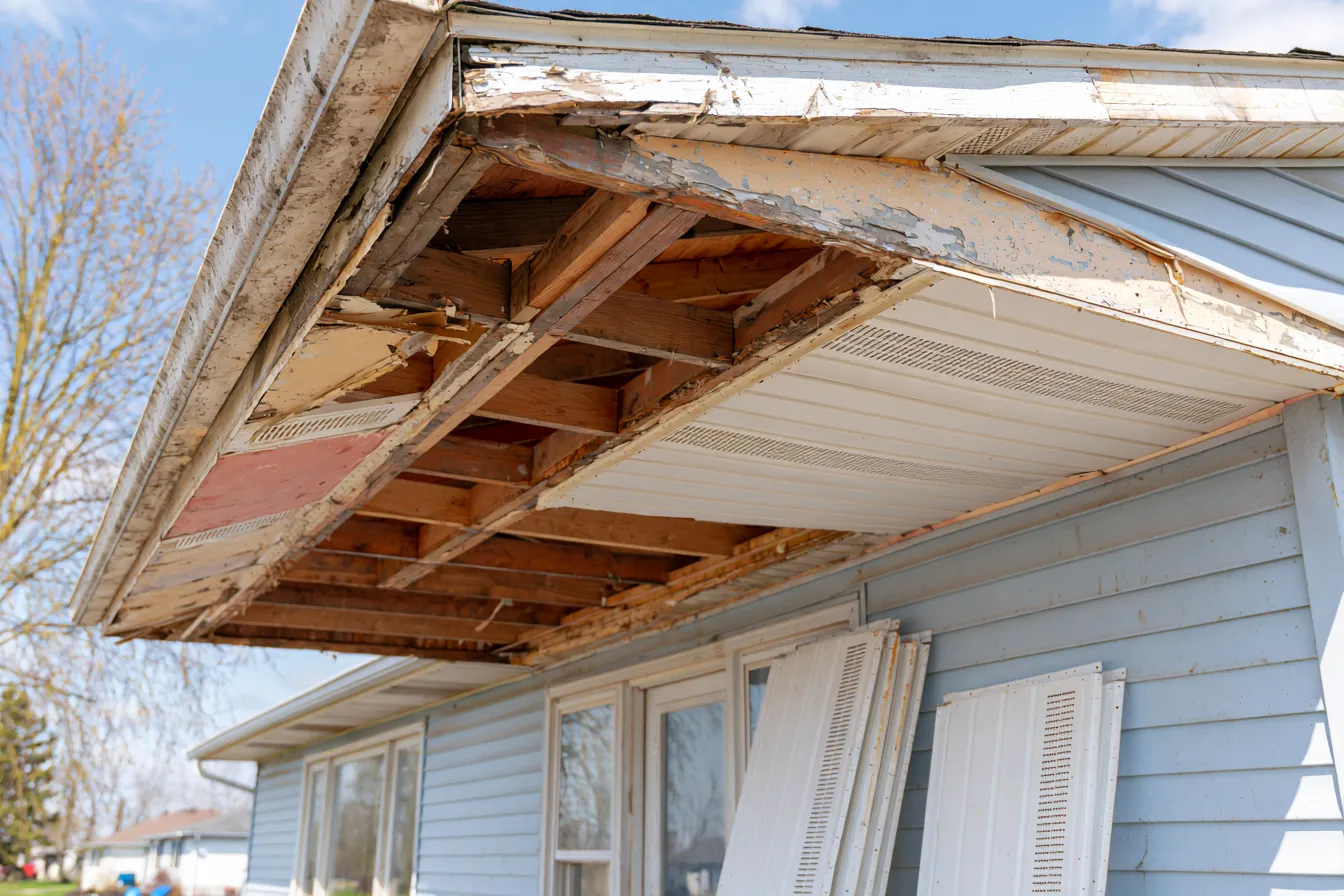 Roof eave opened up during a soffit replacement
