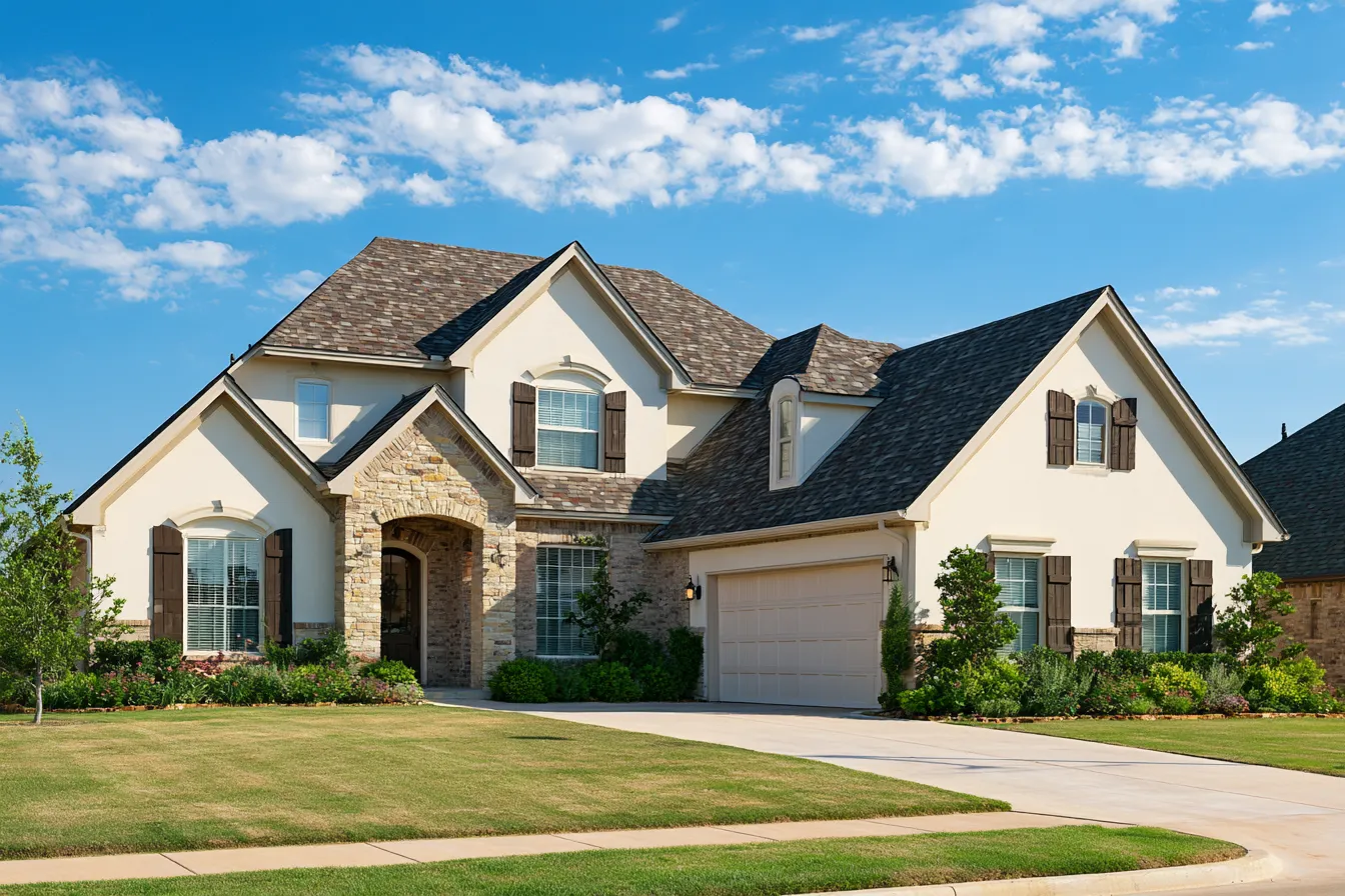 Blended brown shingle roof over a cream stucco and stone home