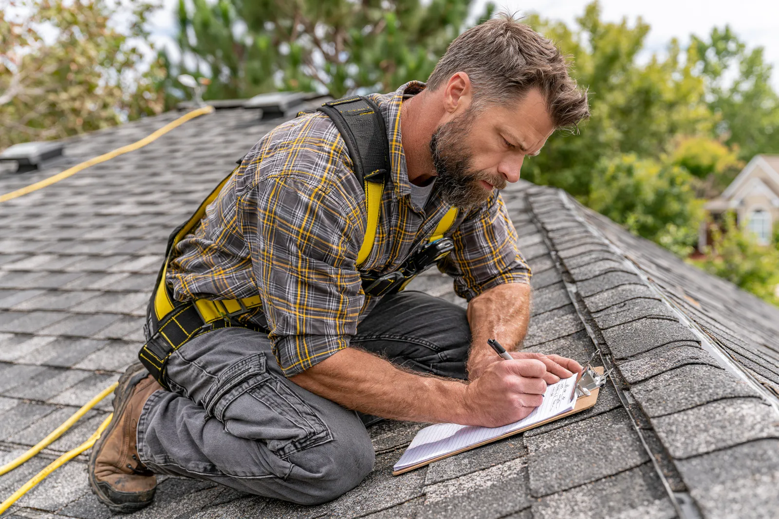 Notes are written on a clipboard by a roofer kneeling on a roof