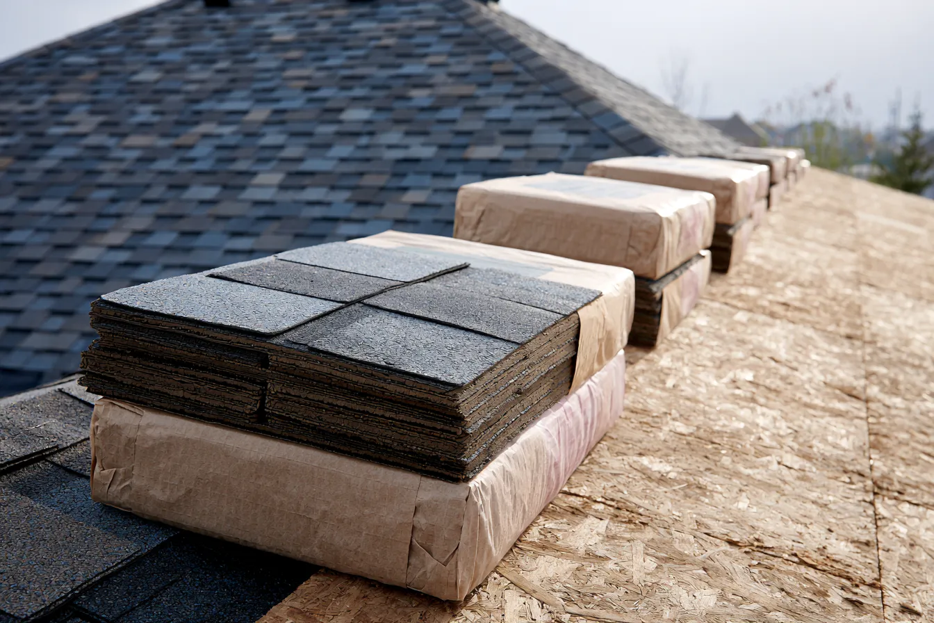 Shingle bundles staged along a ridge mid-job