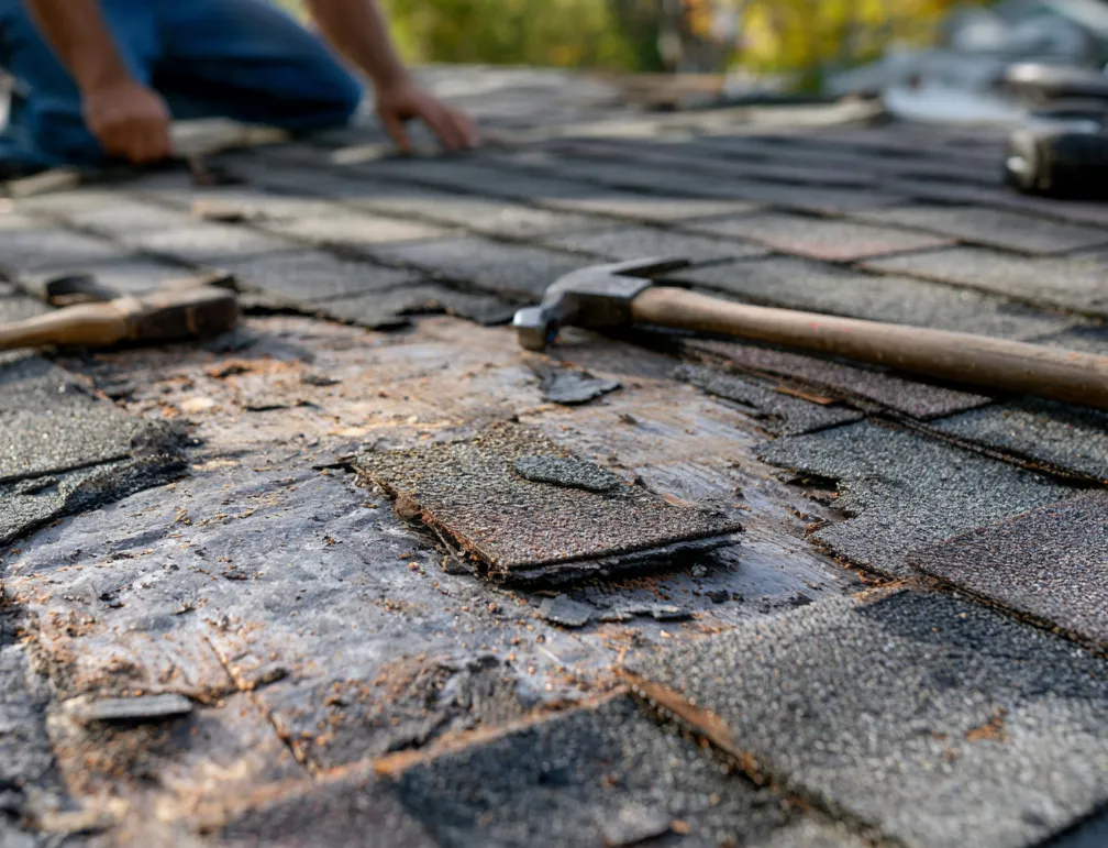 Worn shingles holding a resting hammer with a roofer at work nearby